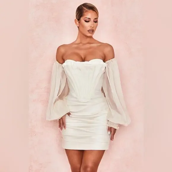 HOUSE OF CB Beau White Ivory Draped Corset Bustier Dreamy Flowy Chiffon Dress - Picture 9 of 16